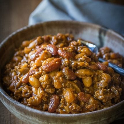 BBQ Baked Beans with Beef {Cowboy Beans} - Noshtastic